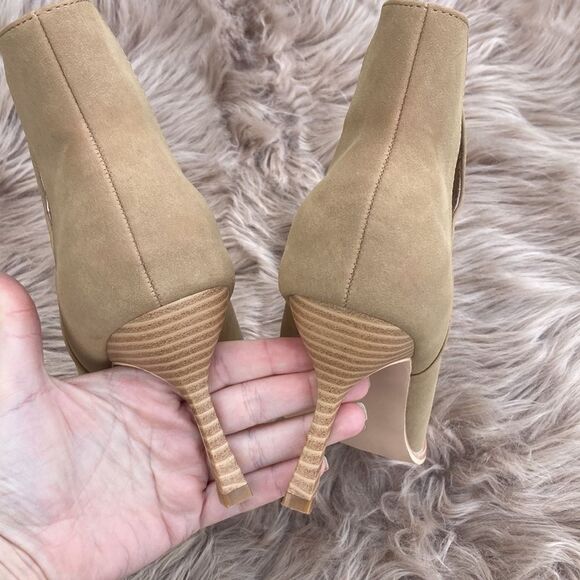 Laicigo Pointed Mirror Toe Cutout Slip on Faux Leather Beige Heeled Ankle Bootie - Picture 11 of 16